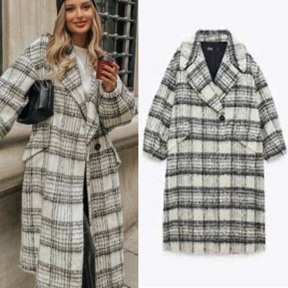 Zara NEW Oversized Wool Ivory and Black Plaid Coat Jacket